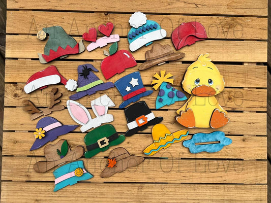 Yellow Duck with Interchangeable Hats // Duck Decoration //Farm Yard Shelf Sitter// Viral Shelf Sitter with hats