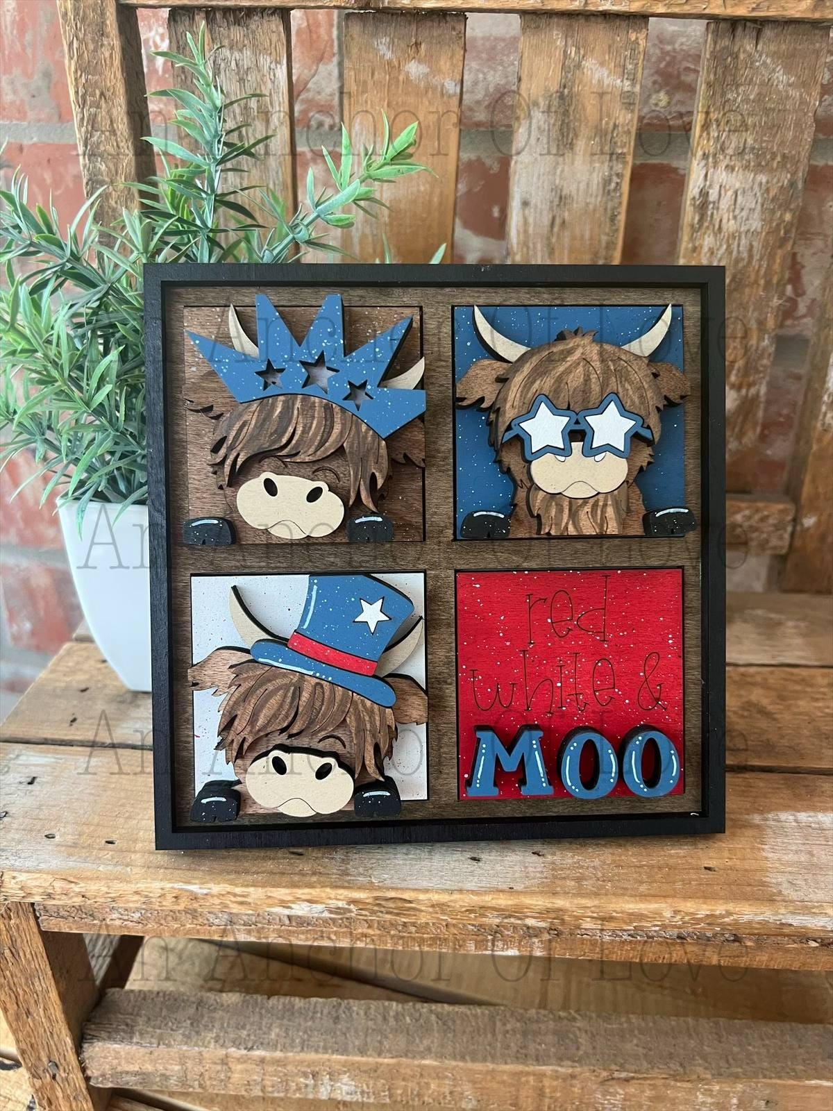 Mini Interchangeable tile Patriotic Highland Cow- Mini leaning ladder- mini tile bases- mini ladder- tiered tray ladder