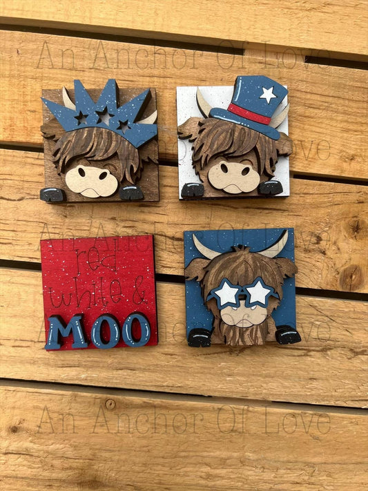 Mini Interchangeable tile Patriotic Highland Cow- Mini leaning ladder- mini tile bases- mini ladder- tiered tray ladder