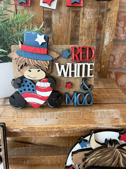 Highland Cow fourth of july tiered tray, Patriotic tiered tray, fourth of july decor, bundle or individual available