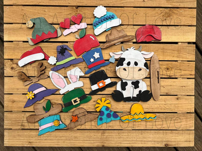 Dairy Cow with Interchangeable Hats // Dairy Cow Decoration //Farm Yard Shelf Sitter// Viral Shelf Sitter with hats