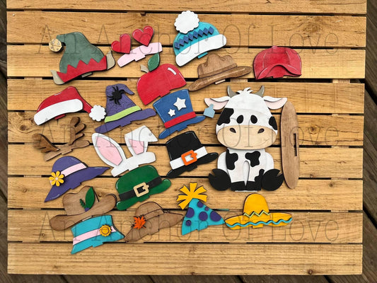 Dairy Cow with Interchangeable Hats // Dairy Cow Decoration //Farm Yard Shelf Sitter// Viral Shelf Sitter with hats