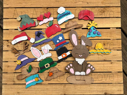 Bunny with Interchangeable Hats // Bunny Decoration //Farm Yard Shelf Sitter// Viral Shelf Sitter with hats
