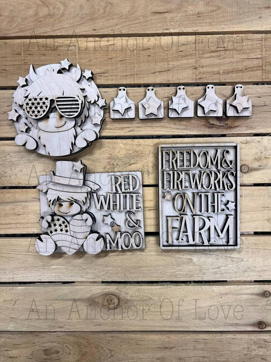 Fourth Of july Highland Cow DIY Paint Kit |  Tiered Tray Laser Cut Wood Blanks |  DIY Kits