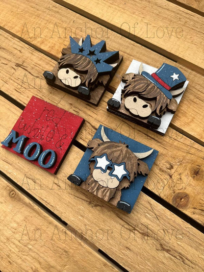 Mini Interchangeable tile Patriotic Highland Cow- Mini leaning ladder- mini tile bases- mini ladder- tiered tray ladder