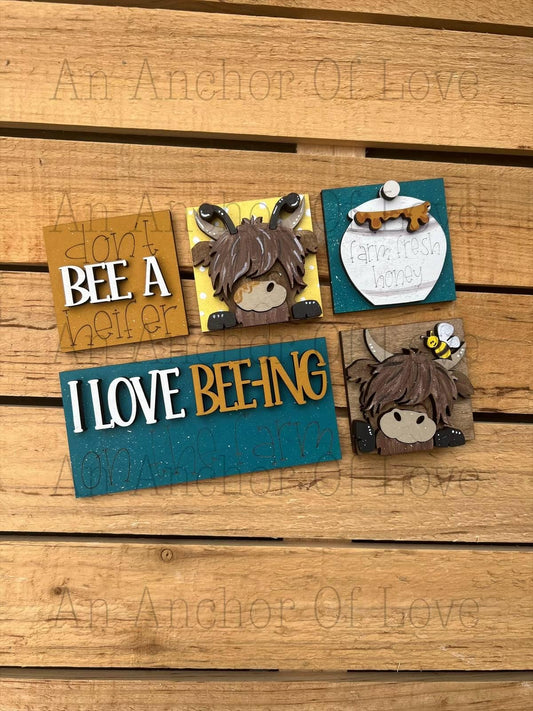 Mini Interchangeable tile Honeybee Highland Cows- Summer ladder- Mini leaning ladder- mini tile bases- mini ladder- tiered tray ladder