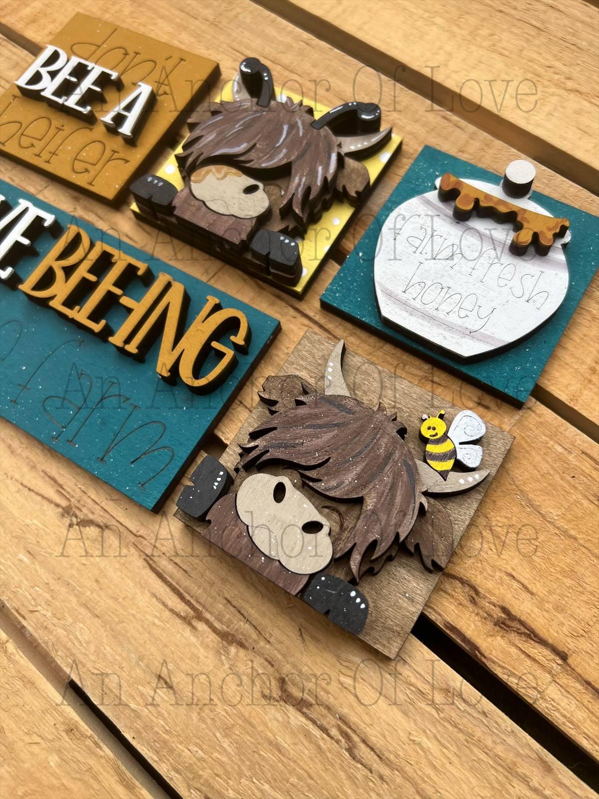 Mini Interchangeable tile Honeybee Highland Cows- Summer ladder- Mini leaning ladder- mini tile bases- mini ladder- tiered tray ladder