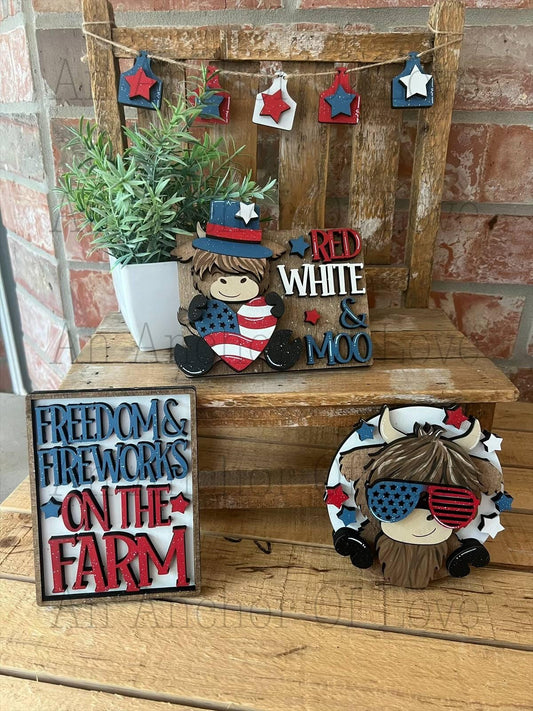 Highland Cow fourth of july tiered tray, Patriotic tiered tray, fourth of july decor, bundle or individual available