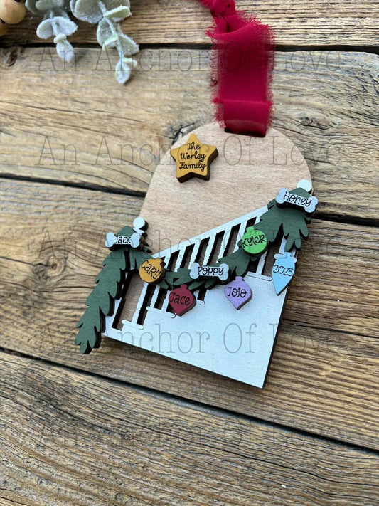 Personalized Family Staircase Christmas Ornament: Custom Engraved Wood ornament- handmade in the usa