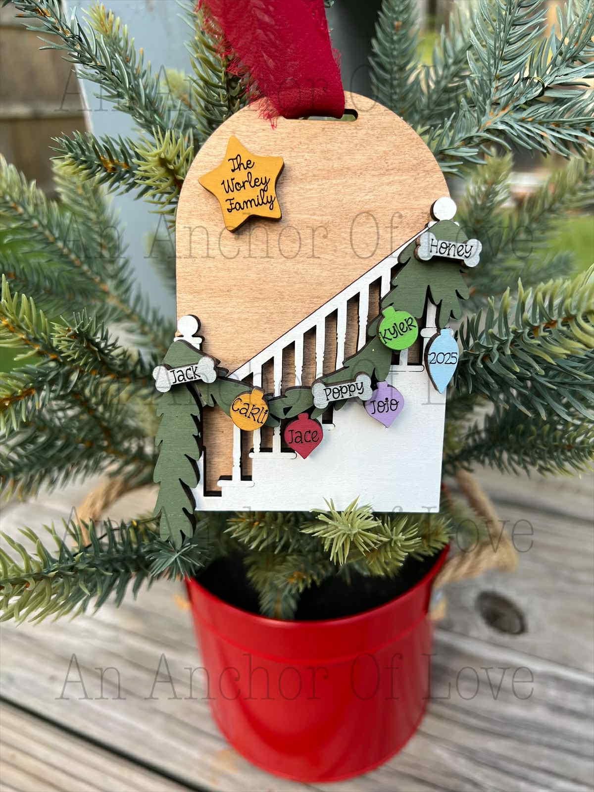 Personalized Family Staircase Christmas Ornament: Custom Engraved Wood ornament- handmade in the usa