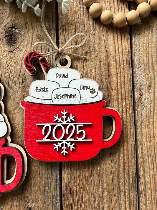 Personalized family hot cocoa ornament- Christmas ornament / 2025 Christmas ornament /-up to 15 names - personalized family gift