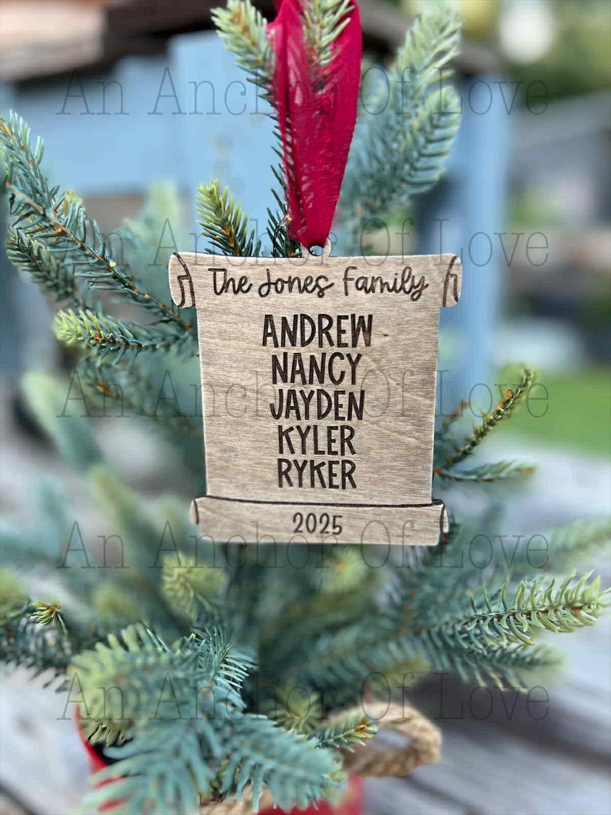 Personalized Family Names Christmas Ornament Scroll - Engraved Wood 2025 ornament