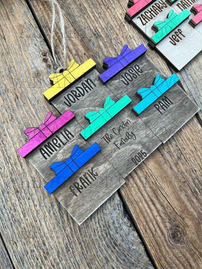 Personalized Family Christmas Ornament: Engraved Wood Present Design
