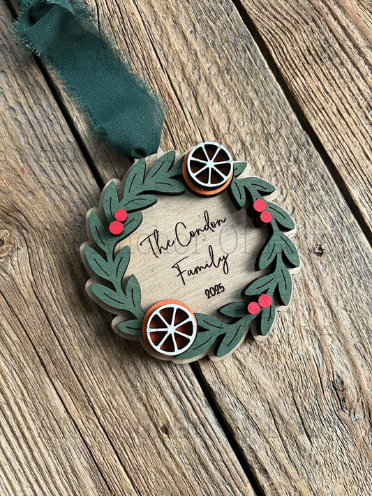 Personalized Family Christmas Ornament 2025, Custom Wooden wreath with Family Name, Family Christmas Gift / 2025 Christmas ornament