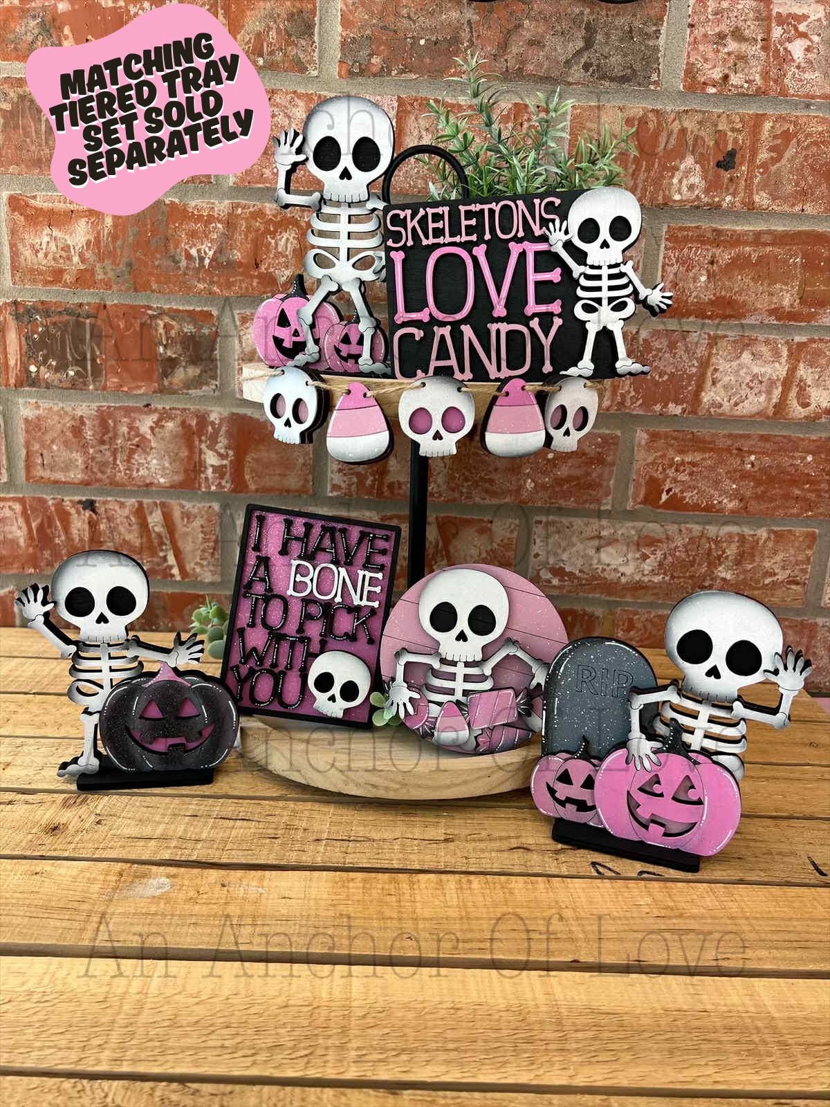 Pink Halloween Tiered Tray Skeleton Decor - Pink Halloween Tiered Tray set - Halloween Signs - Pastel Halloween Decor - Girly Halloween