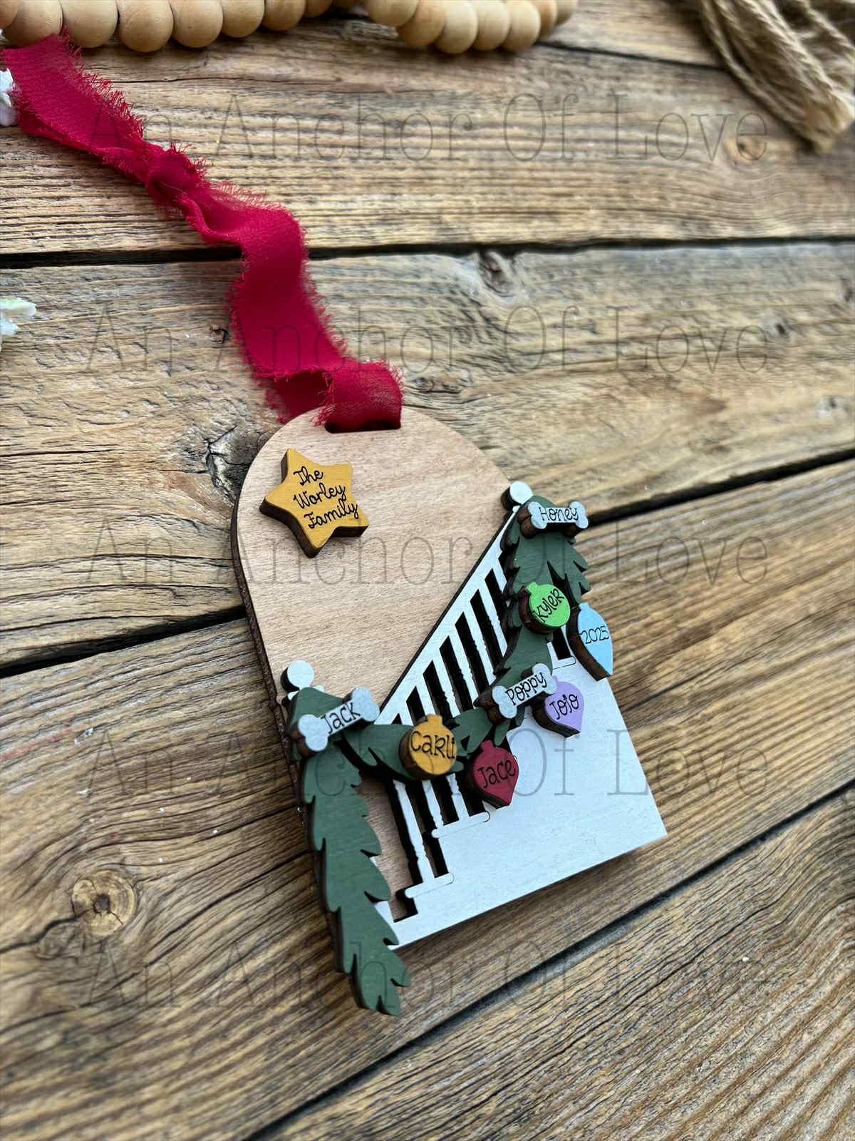 Personalized Family Staircase Christmas Ornament: Custom Engraved Wood ornament- handmade in the usa