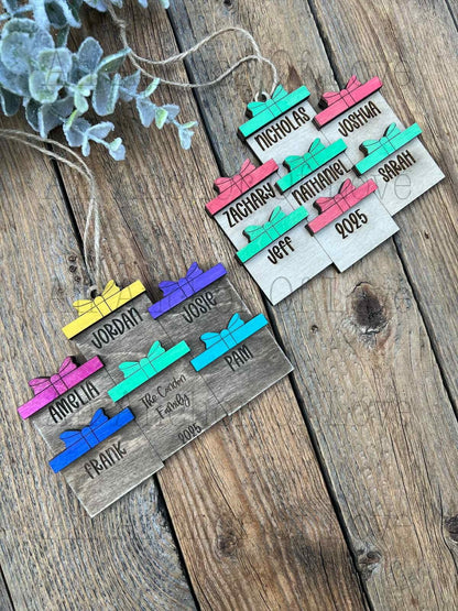 Personalized Family Christmas Ornament: Engraved Wood Present Design