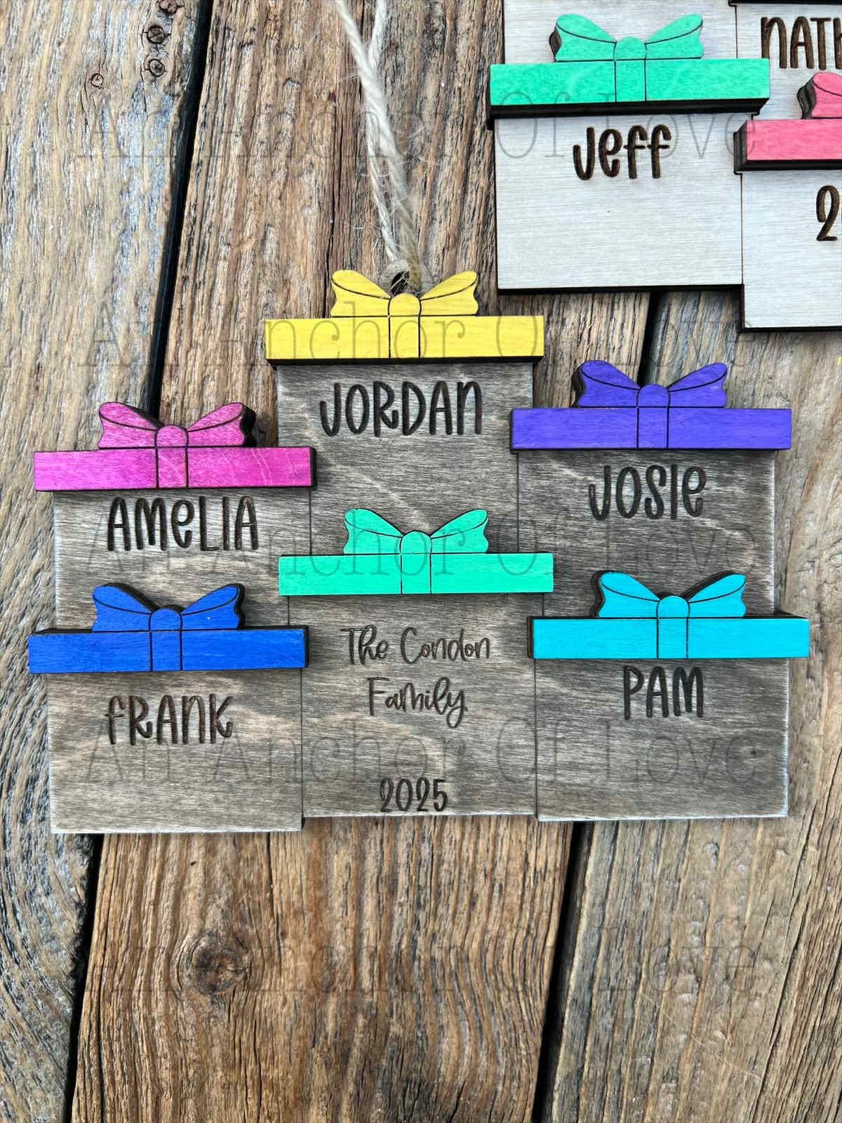 Personalized Family Christmas Ornament: Engraved Wood Present Design