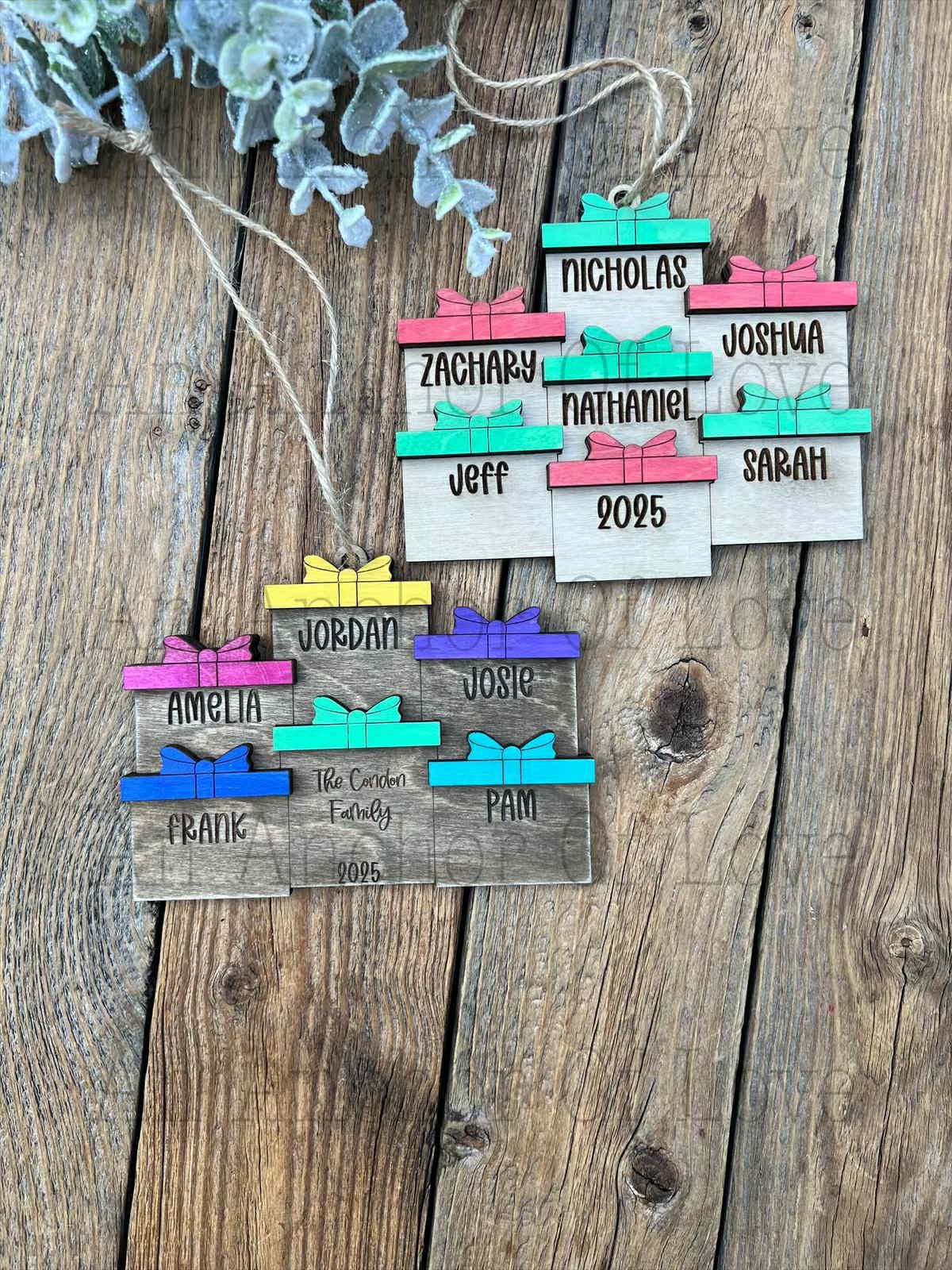 Personalized Family Christmas Ornament: Engraved Wood Present Design