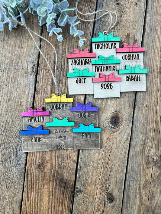 Personalized Family Christmas Ornament: Engraved Wood Present Design