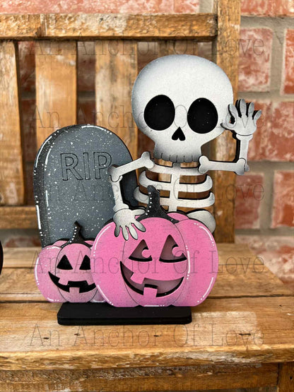 Pink Halloween Tiered Tray Skeleton Decor - Pink Halloween Tiered Tray set - Halloween Signs - Pastel Halloween Decor - Girly Halloween