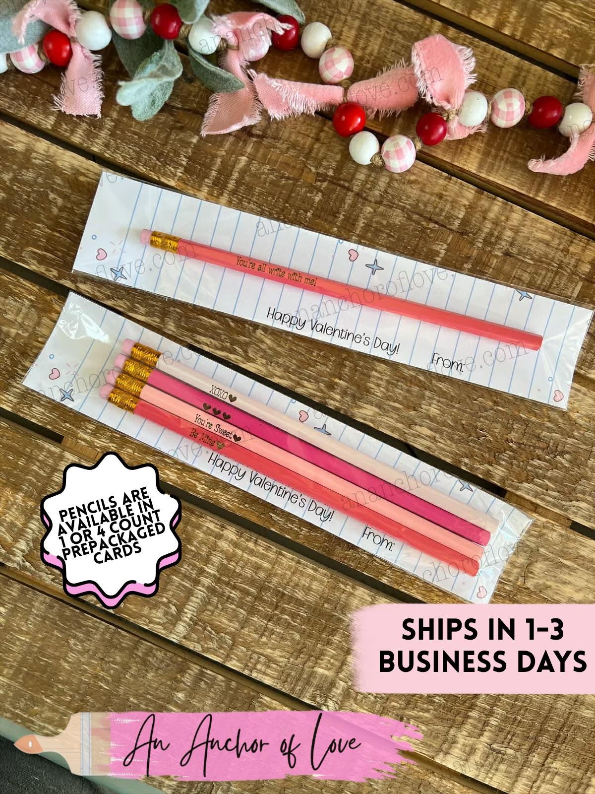 Kid's Valentines pencils- 1 ct or 4 ct- prepackaged with card for Classroom - Kid's Valentines Cards - Valentine for Classroom