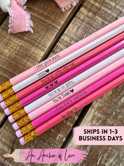 Kid's Valentines pencils 8 count-Classroom Valentine, engraved pencils, Conversation Heart Pencils
