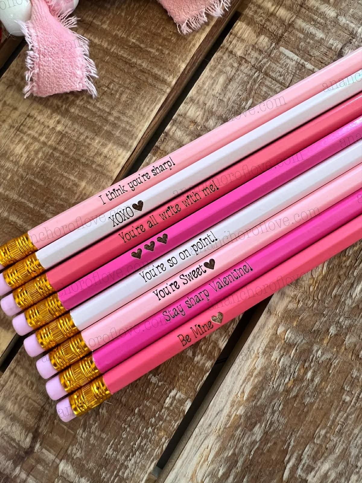 Kid's Valentines pencils 8 count-Classroom Valentine, engraved pencils, Conversation Heart Pencils