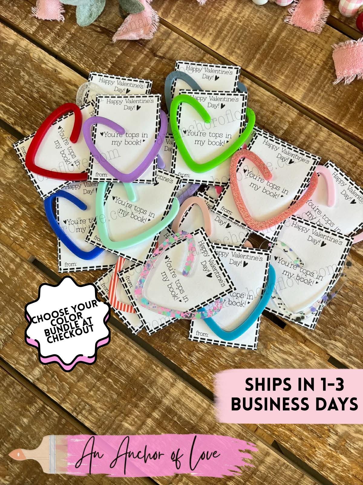 Valentines heart shaped bookmarks 5 count-multiple color options -Classroom Valentines, bookmark