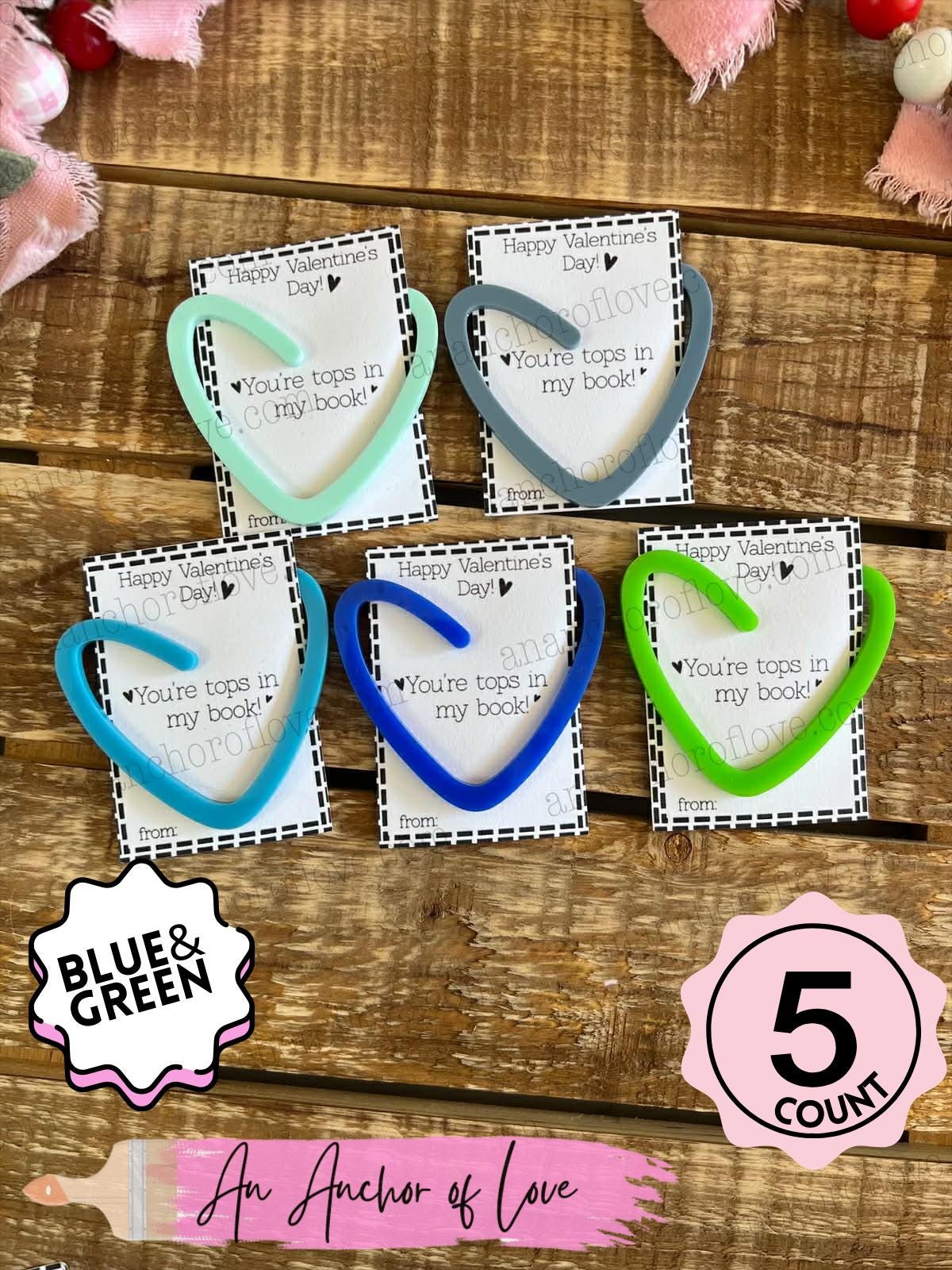 Valentines heart shaped bookmarks 5 count-multiple color options -Classroom Valentines, bookmark