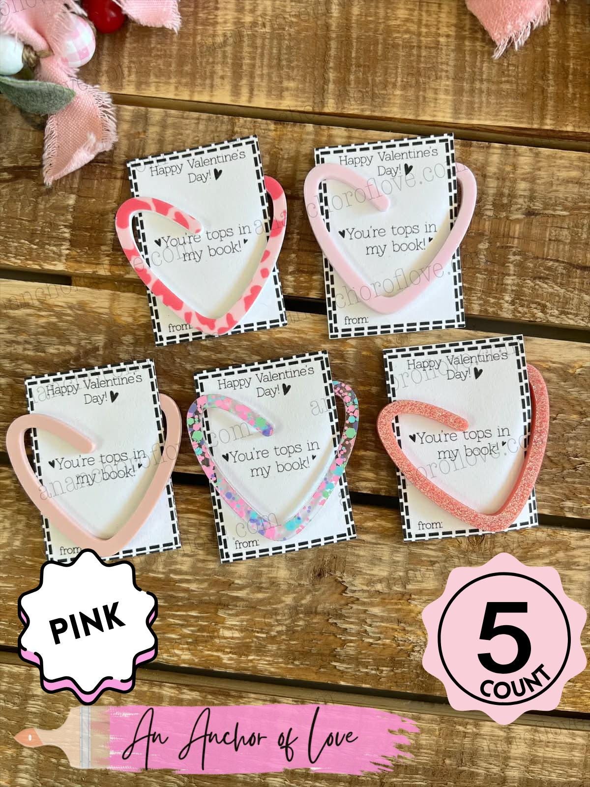 Valentines heart shaped bookmarks 5 count-multiple color options -Classroom Valentines, bookmark