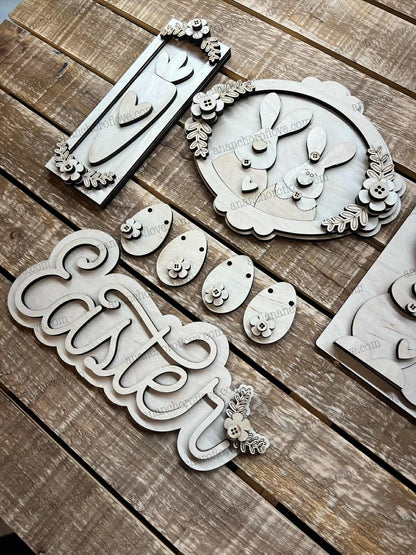 DIY Unpainted-Prim Easter Bunny Tiered Tray Set | Rustic  Easter Decor | Home Sign mantel decor