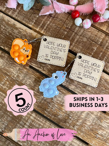 Kid's Valentines animal pop it keychain with card for Classroom - Kid's Valentines Cards - Valentine for Classroom - valentines pop it