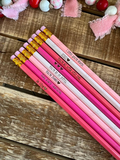 Kid's Valentines pencils 8 count-Classroom Valentine, engraved pencils, Conversation Heart Pencils