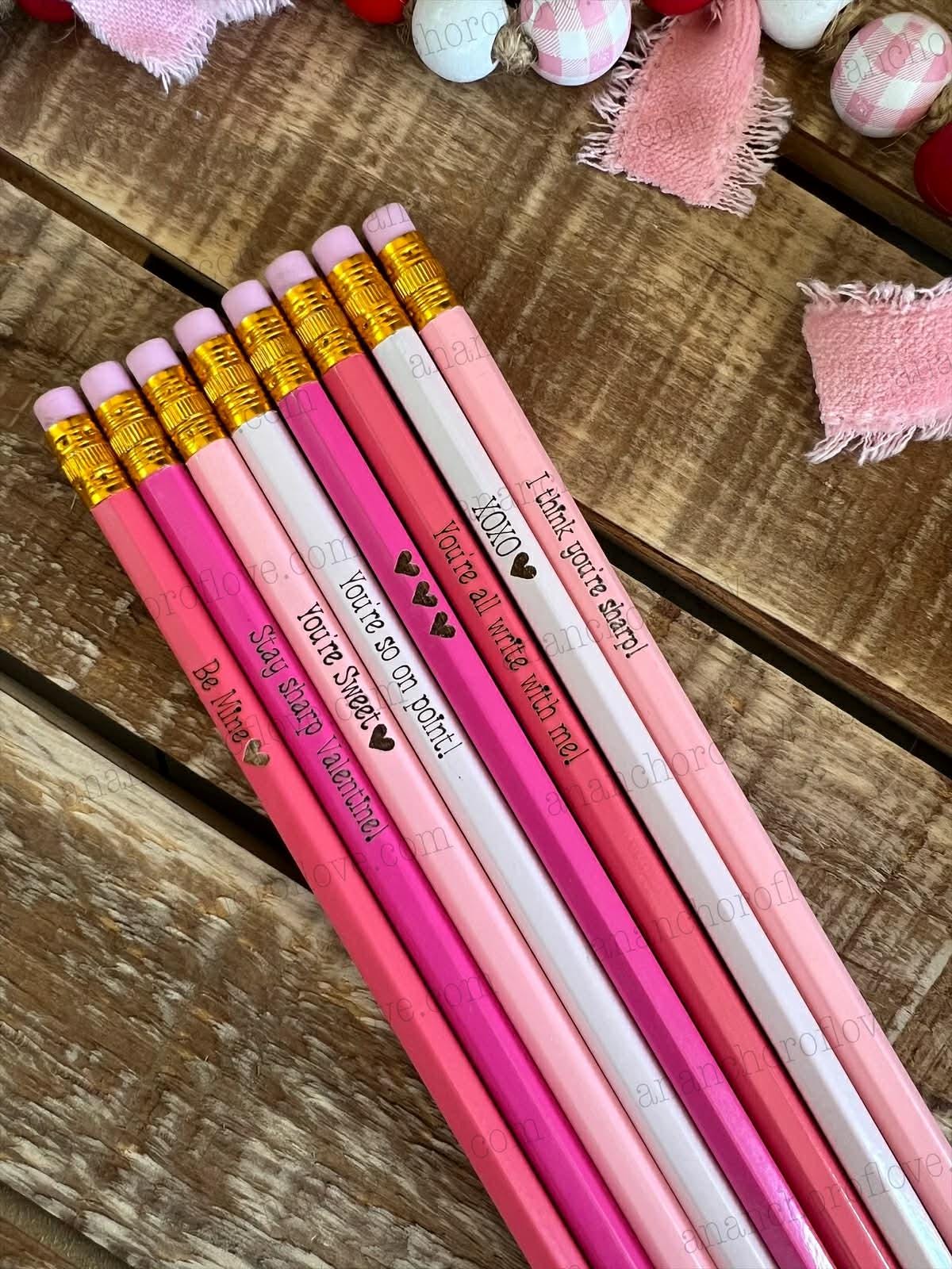 Kid's Valentines pencils 8 count-Classroom Valentine, engraved pencils, Conversation Heart Pencils