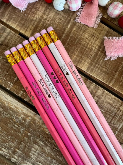Kid's Valentines pencils 8 count-Classroom Valentine, engraved pencils, Conversation Heart Pencils