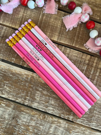 Kid's Valentines pencils 8 count-Classroom Valentine, engraved pencils, Conversation Heart Pencils