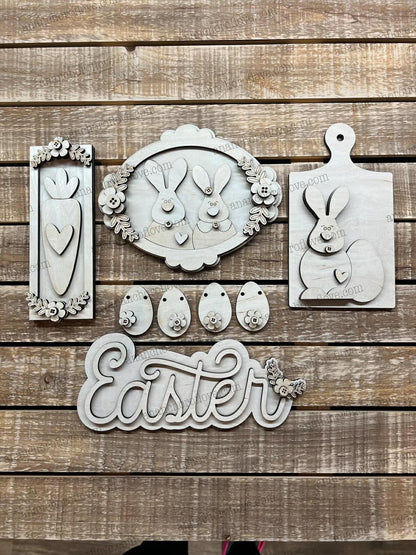 DIY Unpainted-Prim Easter Bunny Tiered Tray Set | Rustic  Easter Decor | Home Sign mantel decor