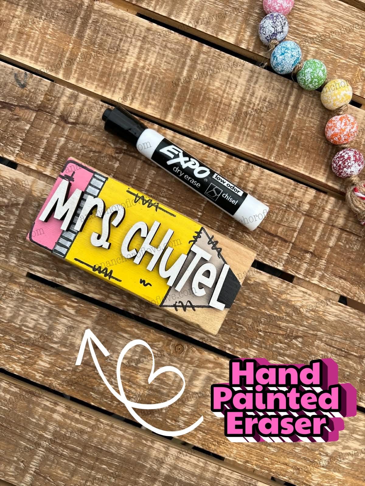 Personalized Hand Painted Dry Erase Chalkboard Eraser with Marker -Teacher Gift, Wooden Eraser- back to school, Teacher Appreciation gift