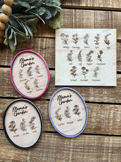 Mothers Day Birth Flower Magnet- Personalized Gift for Mom, Mom Fridge Magnet made of birch, Grandma Gift, Up to 12 Kids Names