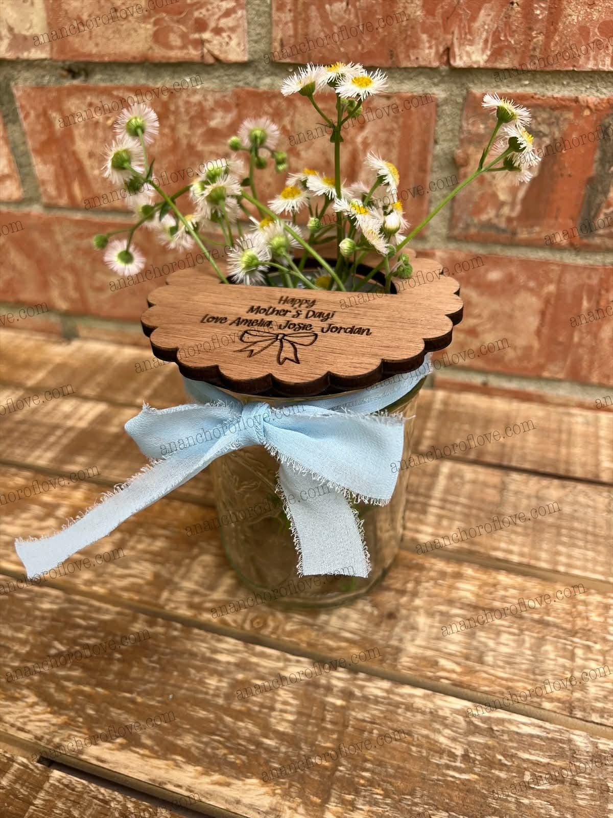 Flowers for Mom - Mothers Day wooden wide mouth Jar lid -Jar Not Included | Choose Ribbon Color | Fast Shipping