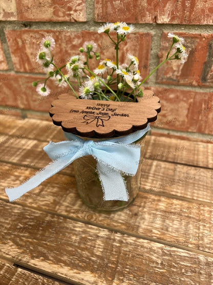Flowers for Mom - Mothers Day wooden wide mouth Jar lid -Jar Not Included | Choose Ribbon Color | Fast Shipping
