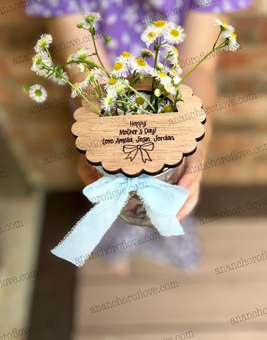 Flowers for Mom - Mothers Day wooden wide mouth Jar lid -Jar Not Included | Choose Ribbon Color | Fast Shipping