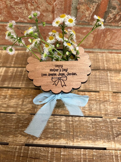Flowers for Mom - Mothers Day wooden wide mouth Jar lid -Jar Not Included | Choose Ribbon Color | Fast Shipping